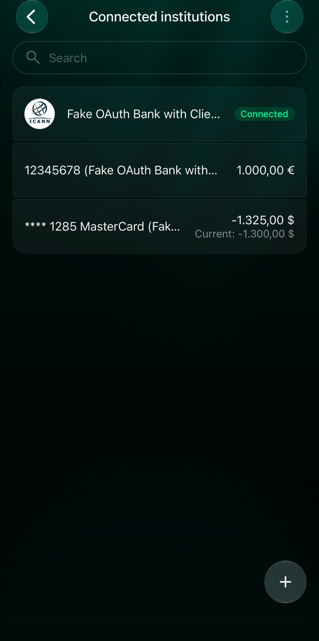 iOS Connected institutions screen with a bank marked Connected and its two accounts below.