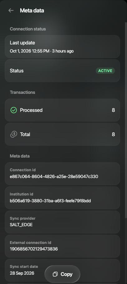 Meta data panel with Connection status ACTIVE, 8 transactions processed out of 8, the connection and institution IDs, Sync provider and Copy.