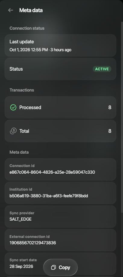Meta data panel with Connection status ACTIVE, 8 transactions processed out of 8, the connection and institution IDs, Sync provider and Copy.