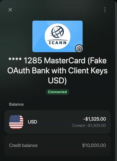 Account panel of a connected credit card with the Connected status under its name.