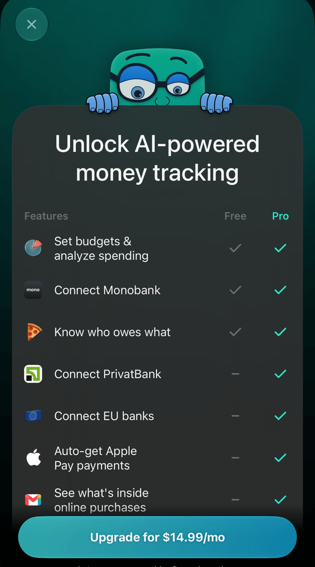 Unlock AI-powered money tracking: a table of features with Free and Pro columns. Set budgets and analyze spending, Connect Monobank and Know who owes what are ticked for both; Connect PrivatBank, Connect EU banks, Auto-get Apple Pay payments and See what's inside online purchases only for Pro