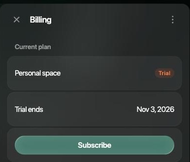 Billing drawer on the web: Current plan, Personal space with a Trial badge, Trial ends Nov 3, 2026, and the Subscribe button