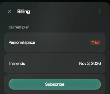 Billing drawer on the web: Current plan, Personal space with a Trial badge, Trial ends Nov 3, 2026, and the Subscribe button