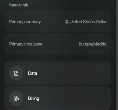 Space settings on the web: Space info with Primary currency and Primary time zone, then the Data and Billing rows