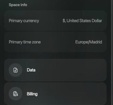 Space settings on the web: Space info with Primary currency and Primary time zone, then the Data and Billing rows