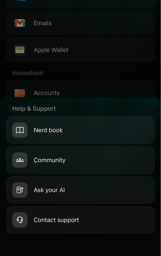 Hoja Help & Support de finerd en iOS: Nerd book, Community, Ask your AI y Contact support.