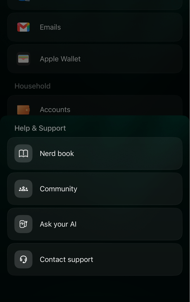finerdのiOSのHelp & Supportシート。Nerd book、Community、Ask your AI、Contact support。