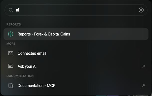 Paleta de comandos de finerd con la búsqueda ai: Reports - Forex & Capital Gains, Connected email, Ask your AI y Documentation - MCP.