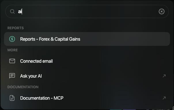 aiで検索したfinerdのコマンドパレット。Reports - Forex & Capital Gains、Connected email、Ask your AI、Documentation - MCP。