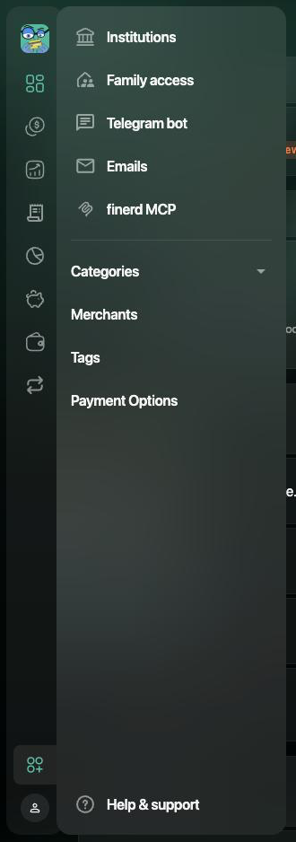 Menú More de la web de finerd: Institutions, Family access, Telegram bot, Emails y finerd MCP, y después Categories, Merchants, Tags, Payment Options y Help & support.