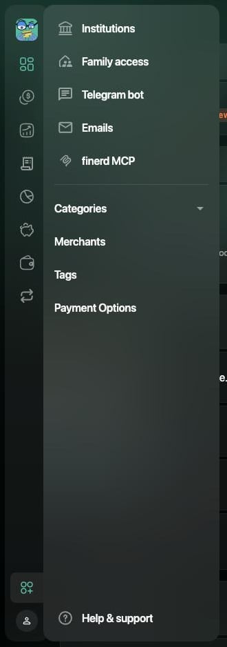 finerdのWebのMoreメニュー。Institutions、Family access、Telegram bot、Emails、finerd MCP、その下にCategories、Merchants、Tags、Payment Options、Help & support。