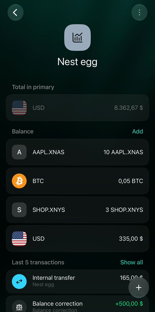 Рахунок Nest egg в iOS: Total in primary 8 362,67 $ і баланси 10 AAPL.XNAS, 0,05 BTC, 3 SHOP.XNYS та 335 $.
