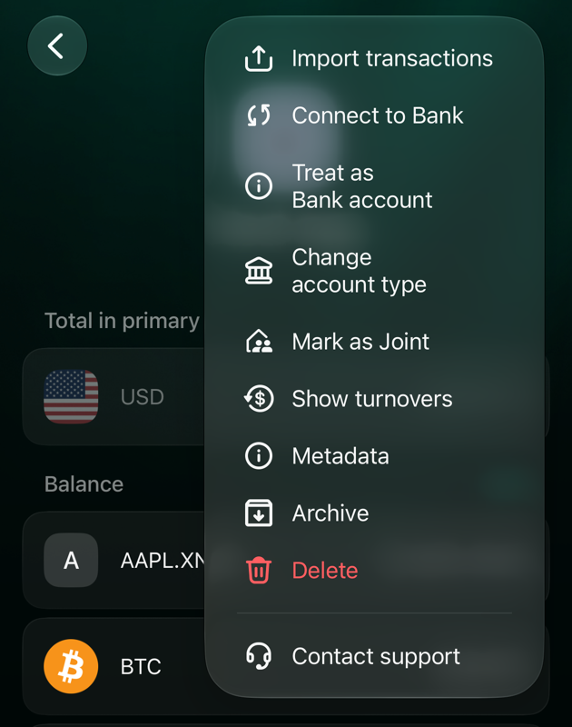 Меню рахунку Nest egg в iOS: Import transactions, Connect to Bank, Treat as Bank account, Change account type, Mark as Joint, Show turnovers, Metadata, Archive, Delete, Contact support.