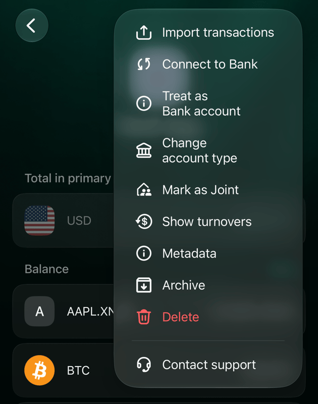 Меню рахунку Nest egg в iOS: Import transactions, Connect to Bank, Treat as Bank account, Change account type, Mark as Joint, Show turnovers, Metadata, Archive, Delete, Contact support.