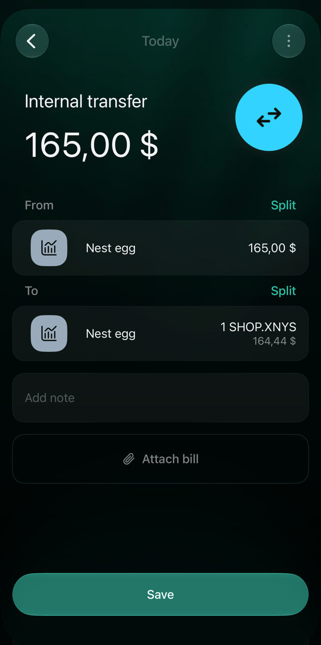 Internal transfer в iOS на 165 $ з Nest egg на Nest egg, отримано 1 SHOP.XNYS вартістю 164,44 $, кнопка Save.
