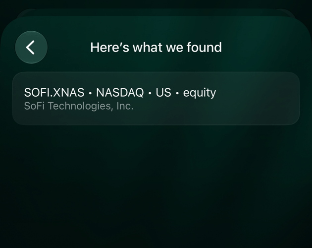Екран Here’s what we found в iOS: SOFI.XNAS, NASDAQ, US, equity, SoFi Technologies, Inc.
