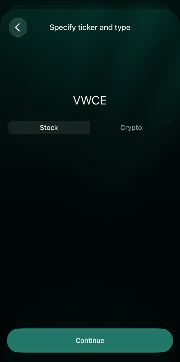 Екран Specify ticker and type в iOS з тикером VWCE, вибрано Stock, кнопка Continue.