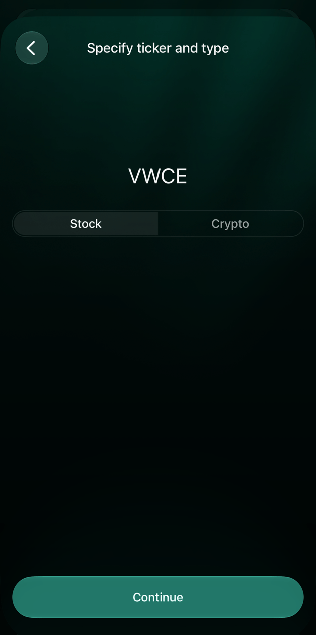 Екран Specify ticker and type в iOS з тикером VWCE, вибрано Stock, кнопка Continue.