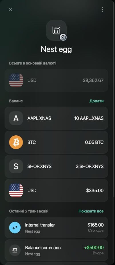 Рахунок Nest egg: Всього в основній валюті $8,362.67 і баланси 10 AAPL.XNAS, 0.05 BTC, 3 SHOP.XNYS та $335.00.