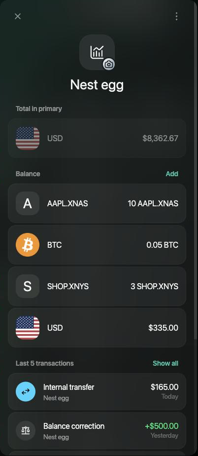 Nest egg account with Total in primary $8,362.67 and balances 10 AAPL.XNAS, 0.05 BTC, 3 SHOP.XNYS and $335.00.