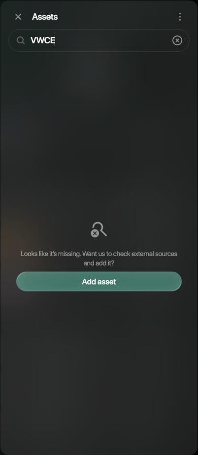 Assets panel with the search VWCE and the message Looks like it’s missing. Want us to check external sources and add it?, with Add asset.
