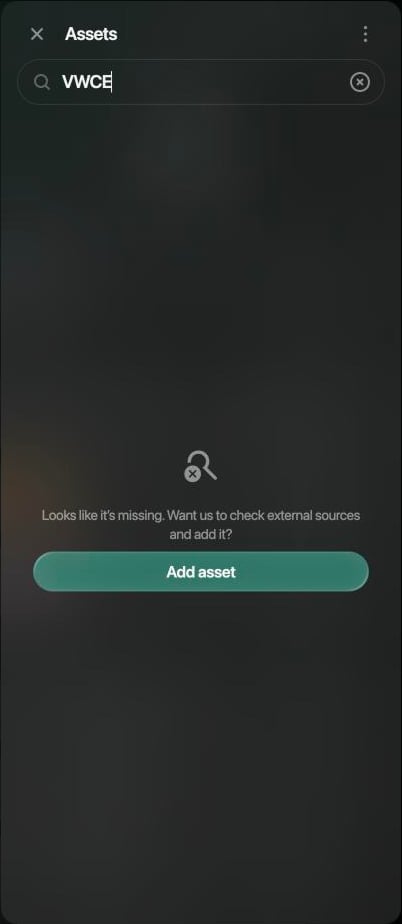 Panel Assets con la búsqueda VWCE y el mensaje Looks like it’s missing. Want us to check external sources and add it?, con Add asset.