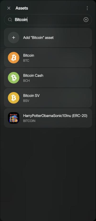 Assets panel with the search Bitcoin: Add “Bitcoin” asset, then Bitcoin BTC, Bitcoin Cash BCH, Bitcoin SV BSV and a token with the ticker BITCOIN.