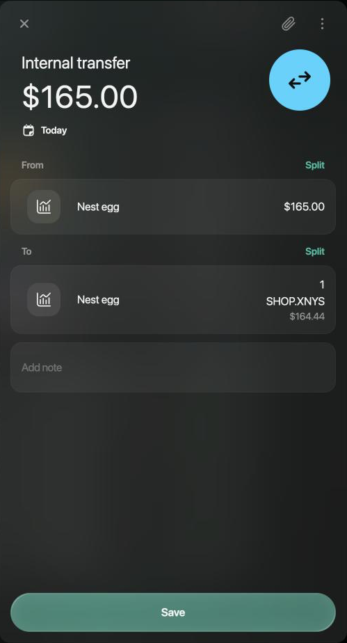 Internal transfer of $165.00 from Nest egg to Nest egg, receiving 1 SHOP.XNYS worth $164.44, with Save.