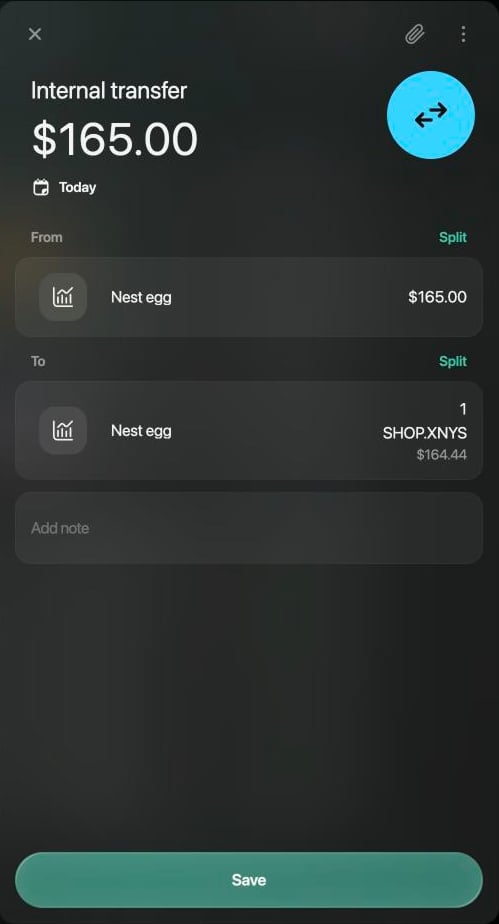 Internal transfer de $165.00 de Nest egg a Nest egg, que recibe 1 SHOP.XNYS por valor de $164.44, con Save.