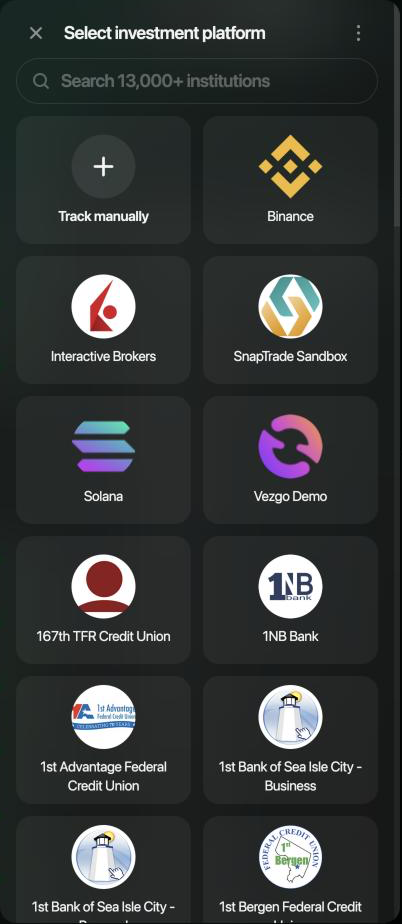 Select investment platform panel with a search field, Track manually, then Binance, Interactive Brokers, SnapTrade Sandbox, Solana, Vezgo Demo and other institutions.