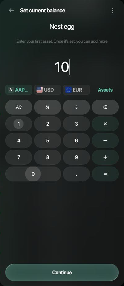 Set current balance panel for Nest egg with 10 entered and AAPL selected, plus USD, EUR and Assets.