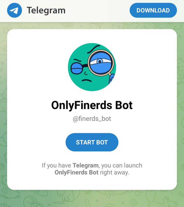 Вебсторінка Telegram для OnlyFinerds Bot, @finerds_bot, з кнопкою START BOT.