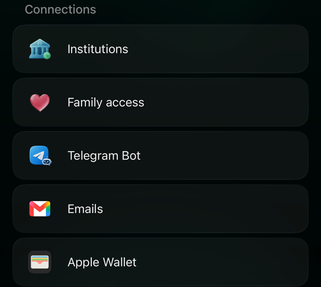 Вкладка More в iOS-застосунку finerd, розділ Connections: Institutions, Family access, Telegram Bot, Emails і Apple Wallet.