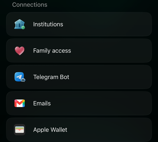 Вкладка More в iOS-застосунку finerd, розділ Connections: Institutions, Family access, Telegram Bot, Emails і Apple Wallet.