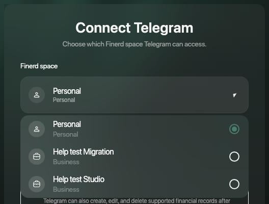 Finerd space list on the Connect Telegram page: Personal (selected), Help test Migration and Help test Studio, both Business.