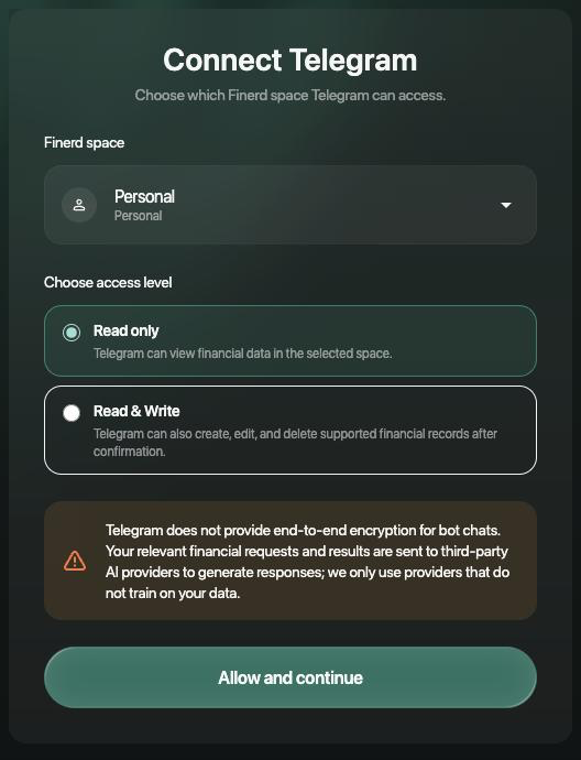 finerd Connect Telegram page: Finerd space set to Personal, Choose access level with Read only selected and Read & Write, a warning about encryption and AI providers, and Allow and continue.