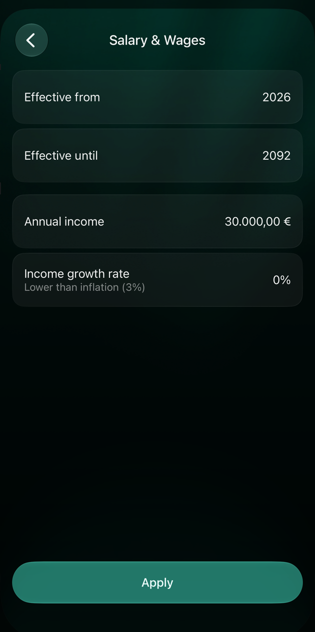 iOS Salary & Wages item with Effective from 2026, Effective until 2092, Annual income 30,000 euros, Income growth rate 0% and an Apply button.