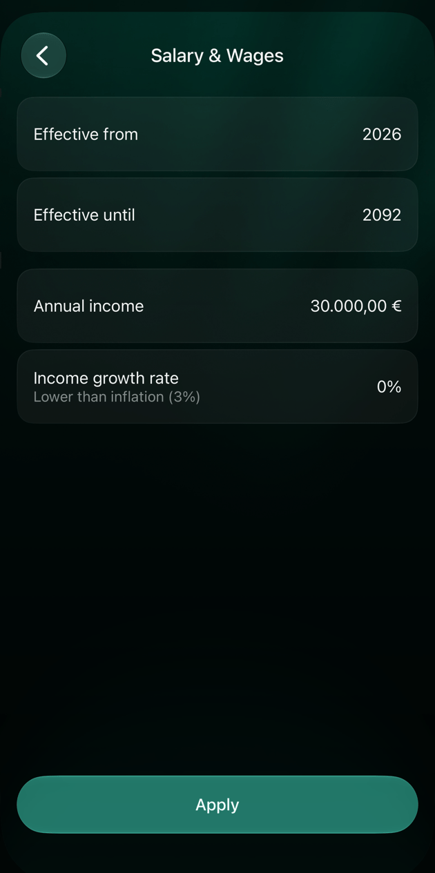 iOS Salary & Wages item with Effective from 2026, Effective until 2092, Annual income 30,000 euros, Income growth rate 0% and an Apply button.
