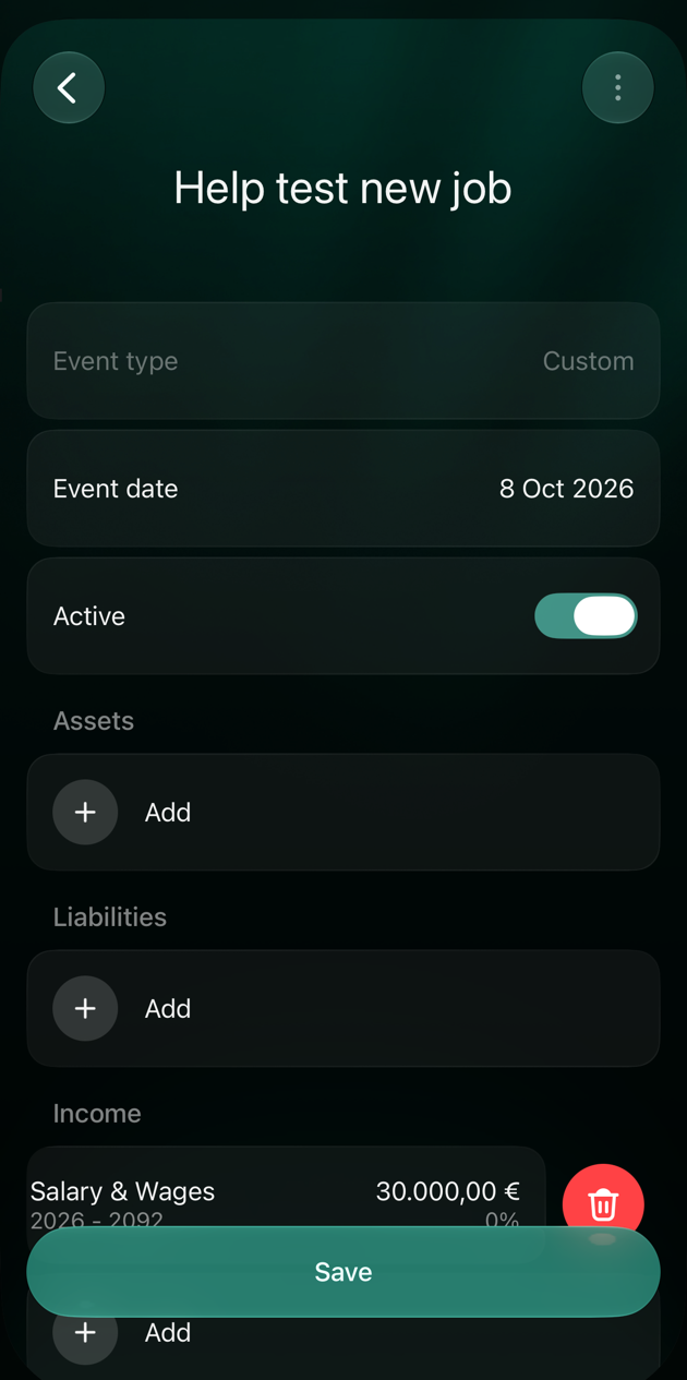 iOS event Help test new job with the Salary & Wages item swiped left, showing a red trash can button.