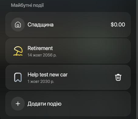 Список Майбутні події: Спадщина $0.00, Retirement 14 жовт 2056 р. і Help test new car 1 жовт 2030 р. зі значком кошика праворуч, далі Додати подію.