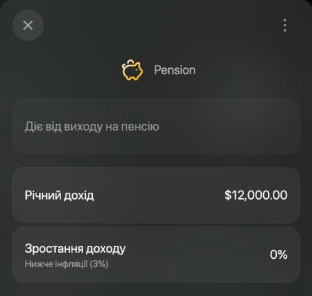 Пункт Pension у події виходу на пенсію: Діє від виходу на пенсію, Річний дохід $12,000.00, Зростання доходу 0%.