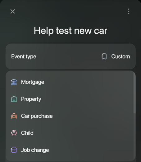 Event panel Help test new car with the Event type menu open, listing Mortgage, Property, Car purchase, Child and Job change.