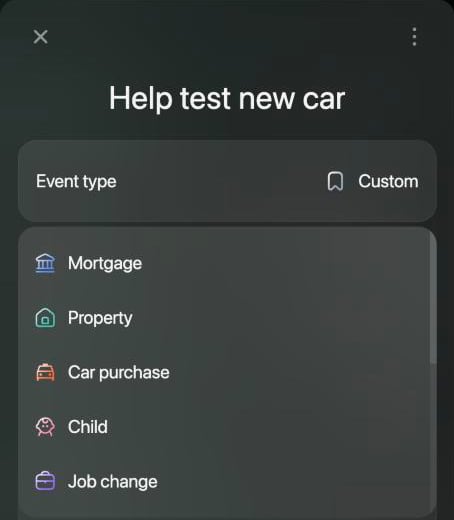 Event panel Help test new car with the Event type menu open, listing Mortgage, Property, Car purchase, Child and Job change.