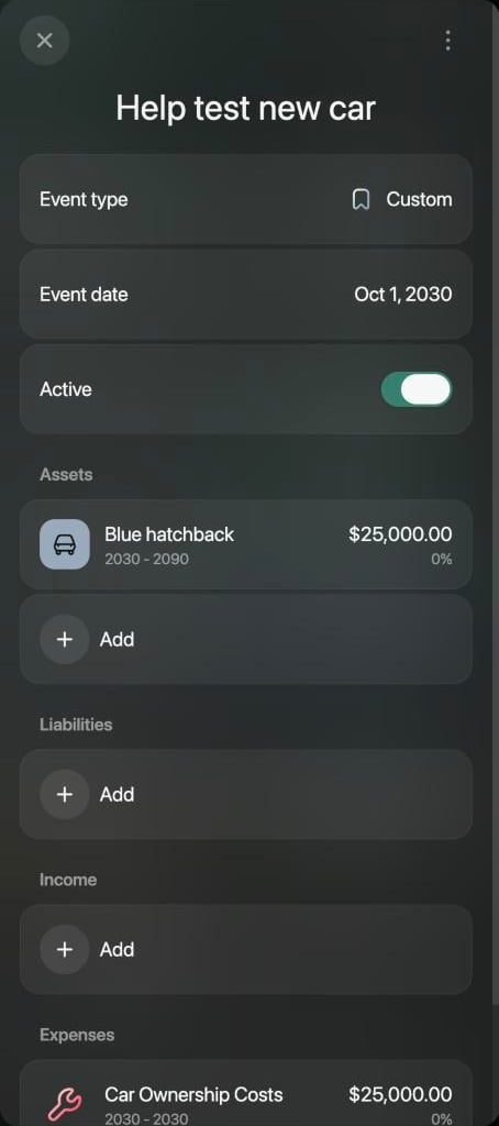 Event panel Help test new car with Event type Custom, Event date Oct 1, 2030, Active on, the asset Blue hatchback from 2030 to 2090 at $25,000.00, empty Liabilities and Income sections, and the expense Car Ownership Costs of $25,000.00 for 2030 only.
