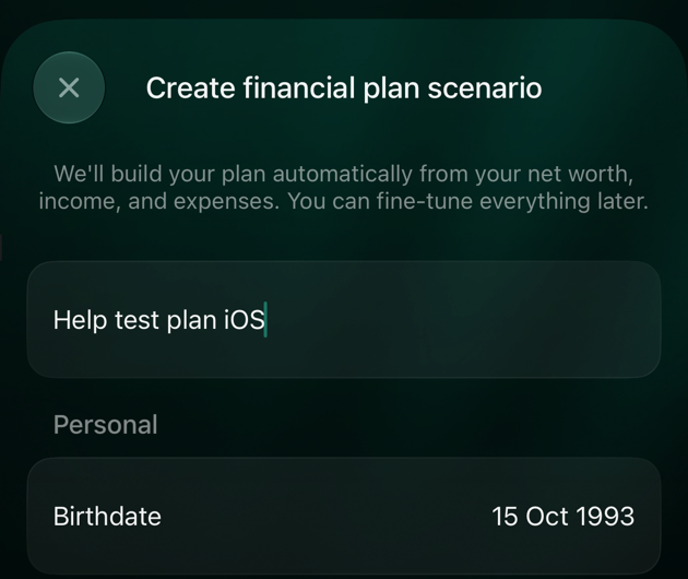 Екран iOS Create financial plan scenario з назвою Help test plan iOS, датою народження 15 Oct 1993 і активною кнопкою Create.