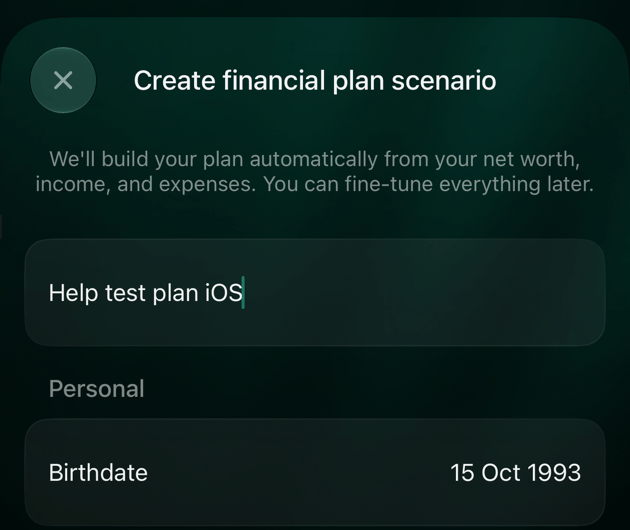 iOS Create financial plan scenario screen with the title Help test plan iOS, Birthdate 15 Oct 1993 and an active Create button.