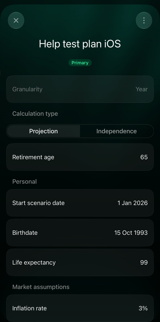 iOS Scenario details for Help test plan iOS with Primary badge, Granularity Year, Calculation type Projection, Retirement age 65, Start scenario date, Birthdate, Life expectancy 99 and Inflation rate 3%.