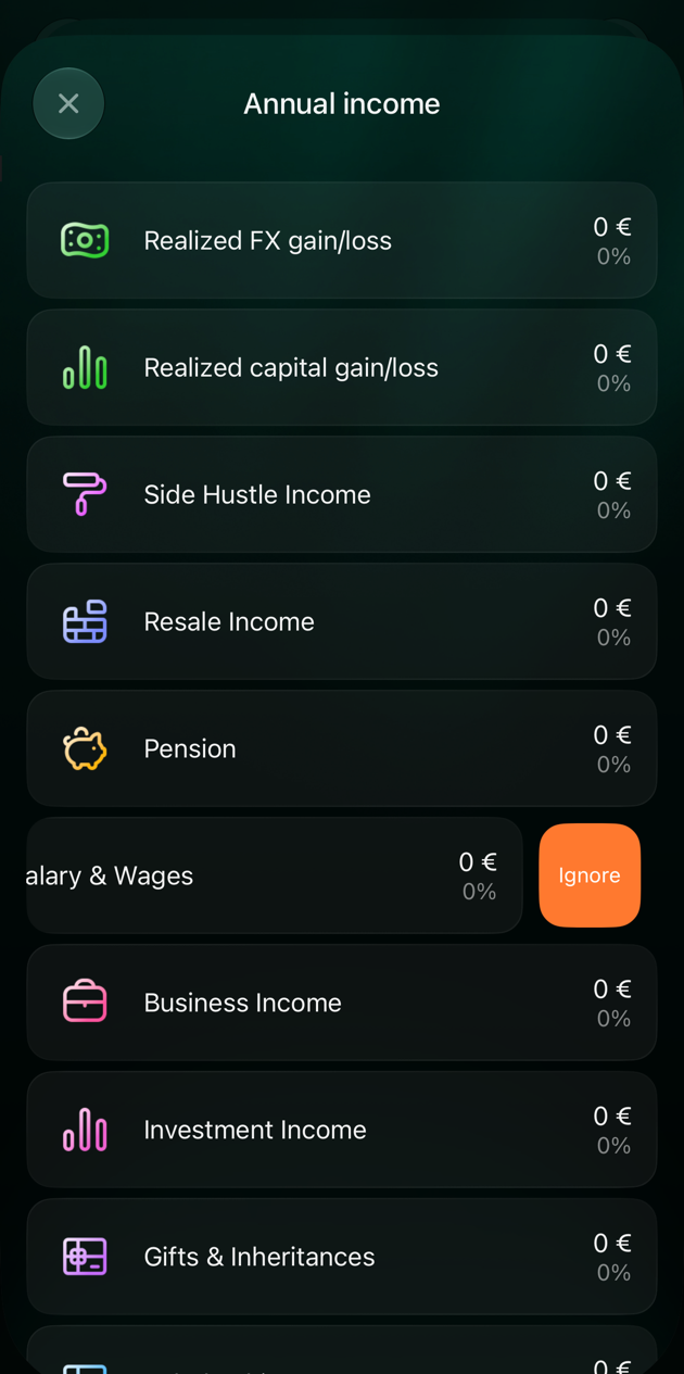 Список Annual income на iOS із рядком Salary & Wages, зсунутим ліворуч, і помаранчевою кнопкою Ignore.