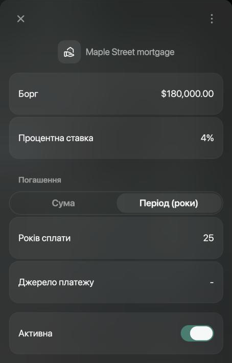 Панель Maple Street mortgage: Борг $180,000.00, Процентна ставка 4%, у блоці Погашення вибрано Період (роки), Років сплати 25, Джерело платежу порожнє, перемикач Активна ввімкнено.
