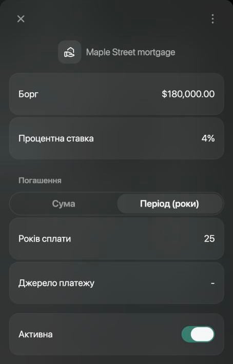 Панель Maple Street mortgage: Борг $180,000.00, Процентна ставка 4%, у блоці Погашення вибрано Період (роки), Років сплати 25, Джерело платежу порожнє, перемикач Активна ввімкнено.